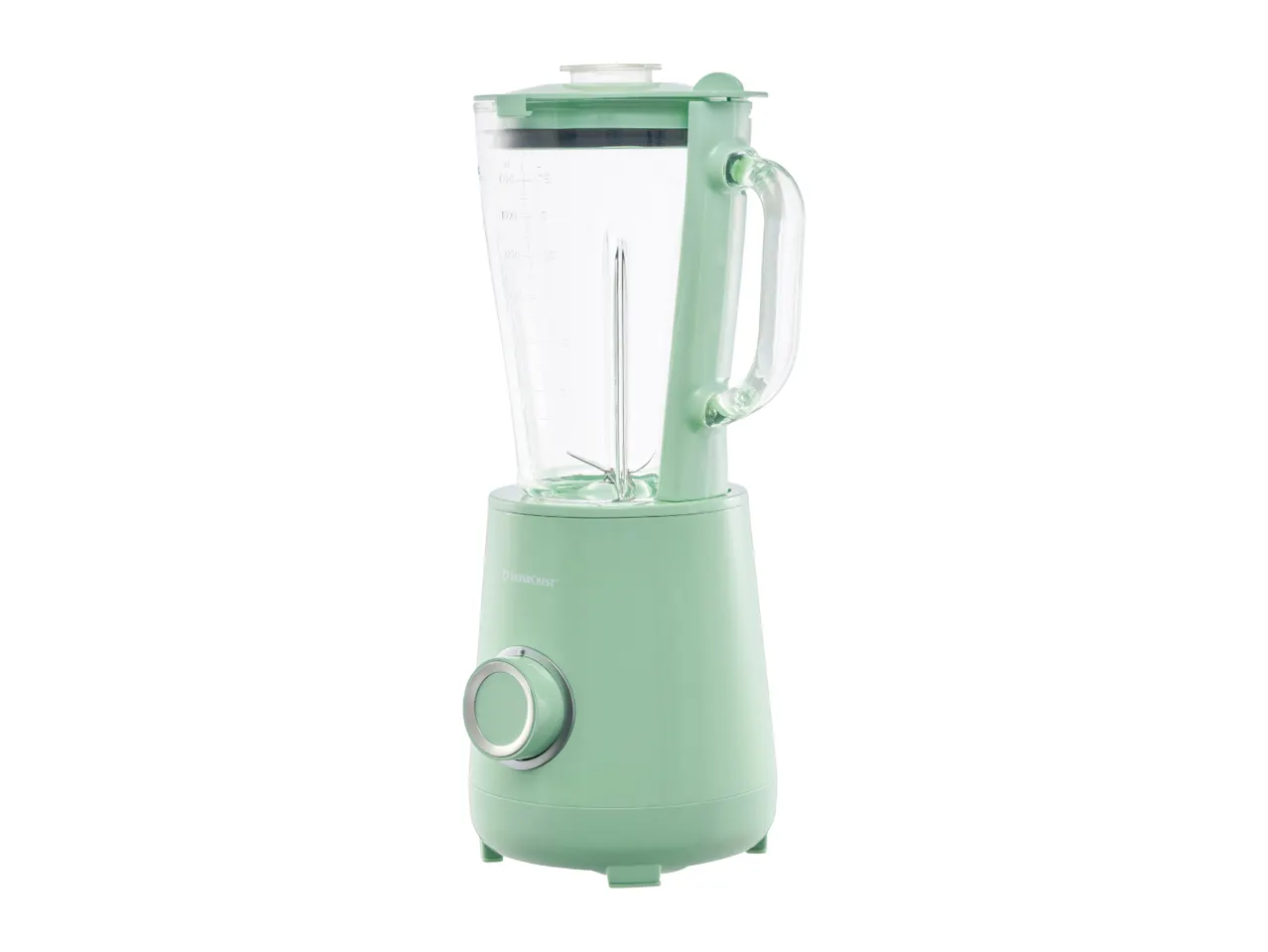 A light green blender with a clear pitcher and a silver control knob on a white background.