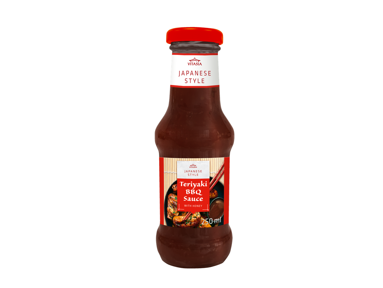 Vitasia japāņu stila teriyaki BBQ mērce ar medu 250 ml pudelē.