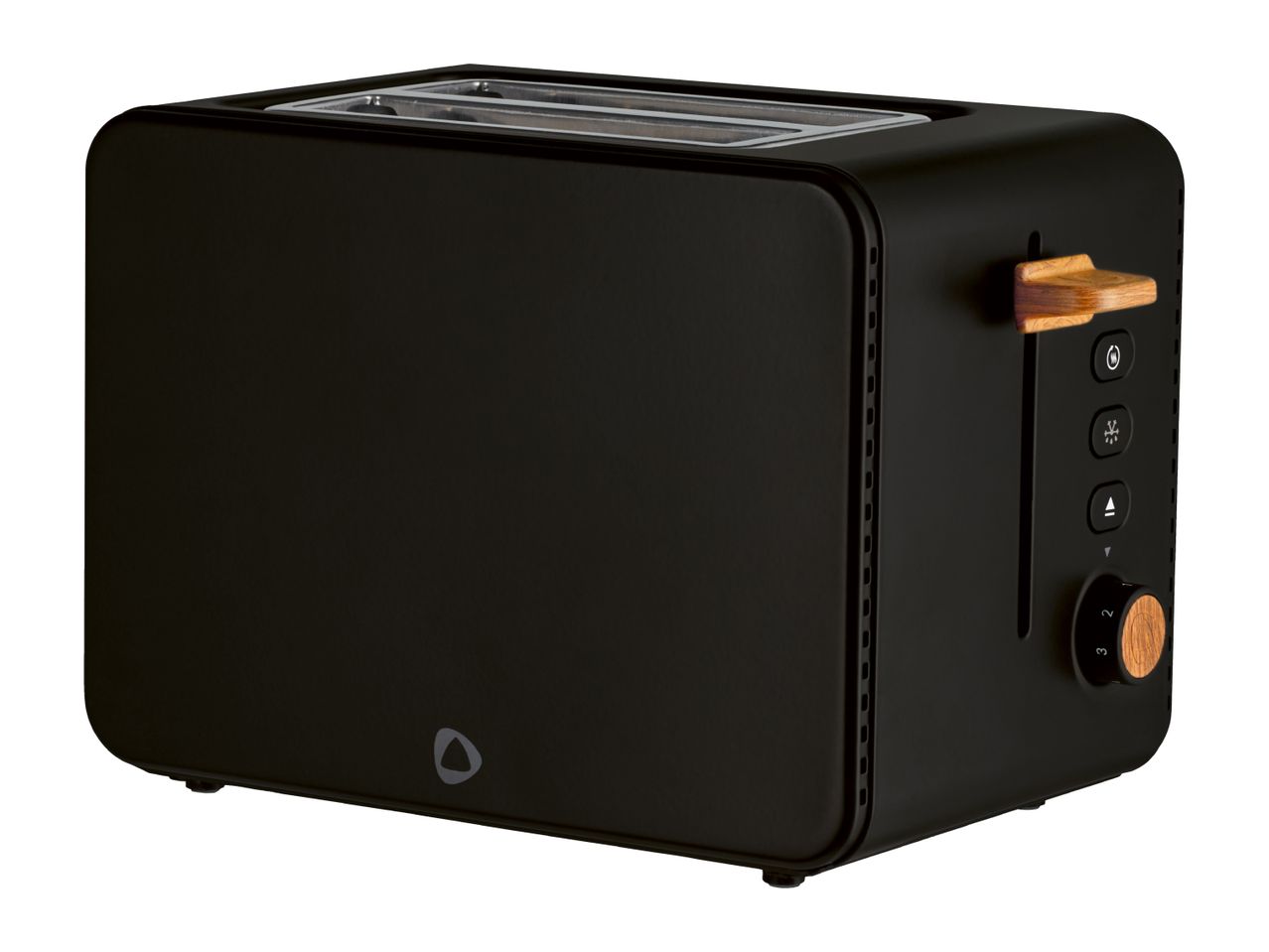 Black toaster with wooden accents and control panel on the side.