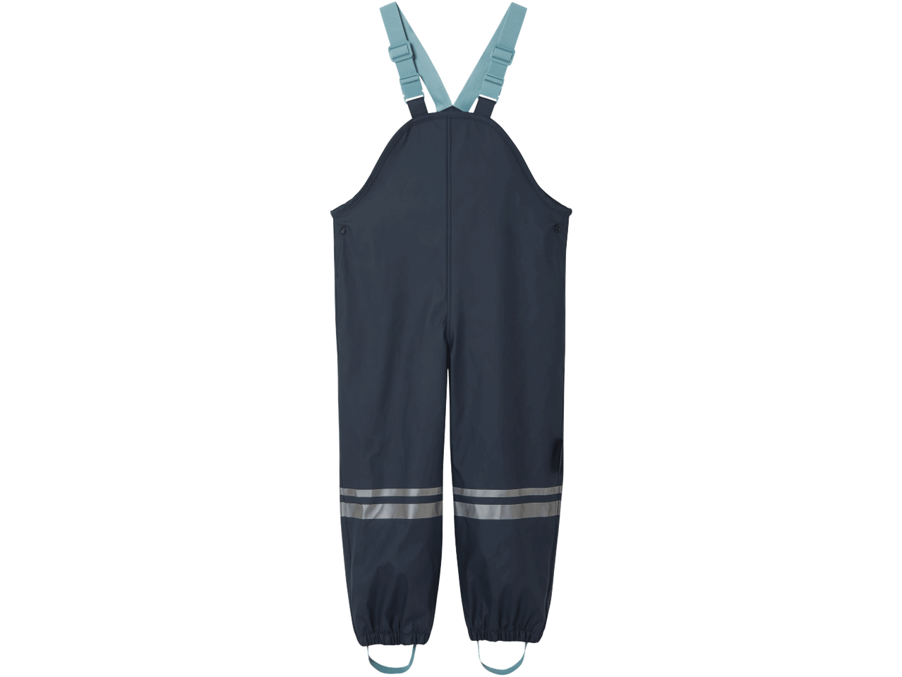 Tamsiai mėlynos vaikiškos neperšlampamos kelnės su šviesiai mėlynomis petnešomis ir atšvaitais.