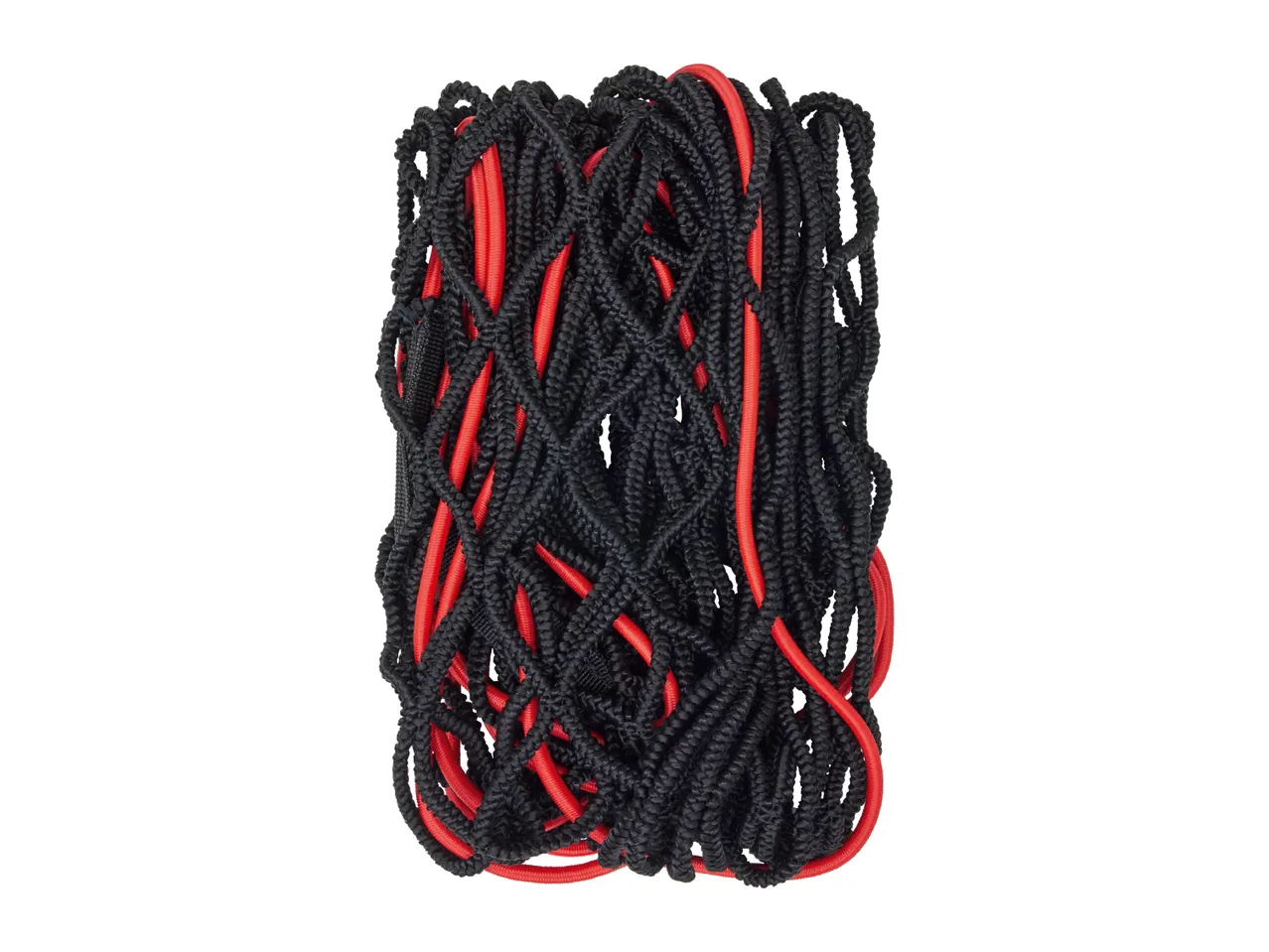 A tangled mass of black and red bungee cords.