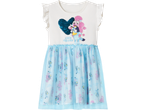White and blue dress with ruffled sleeves, sequin heart, and cartoon dog characters, with a blue tulle skirt.