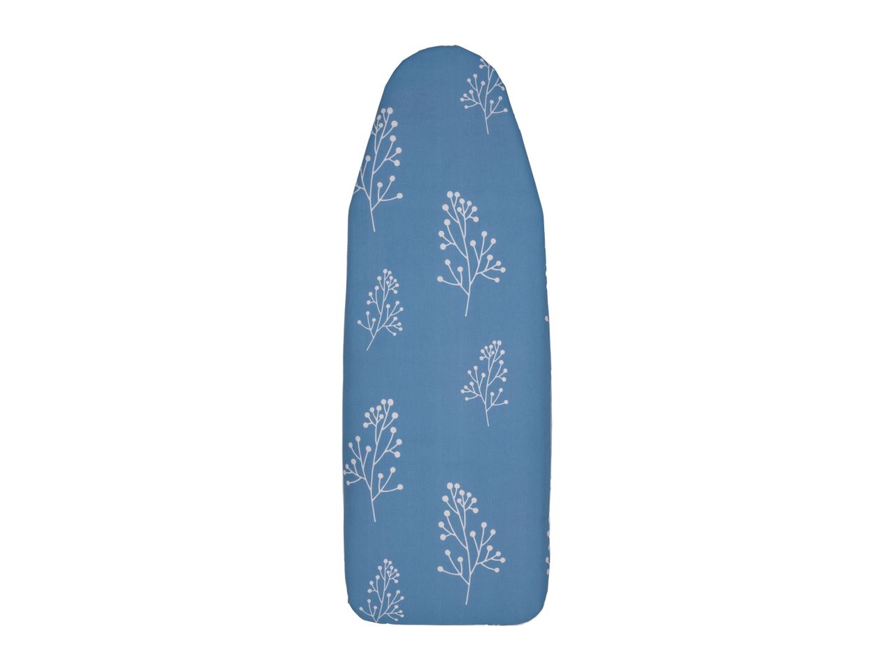 A blue ironing board cover with a leaf pattern.