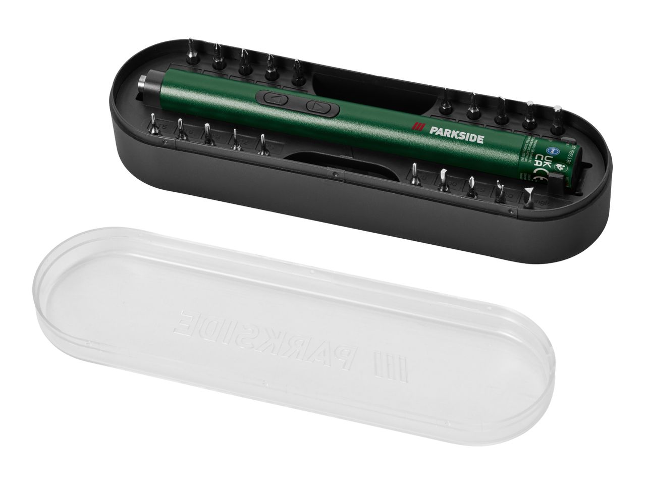 A green electric screwdriver with various bits in a black case, next to a clear lid.