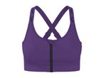 Purple sports bra with a front zipper and criss-cross back straps featuring a black pattern.