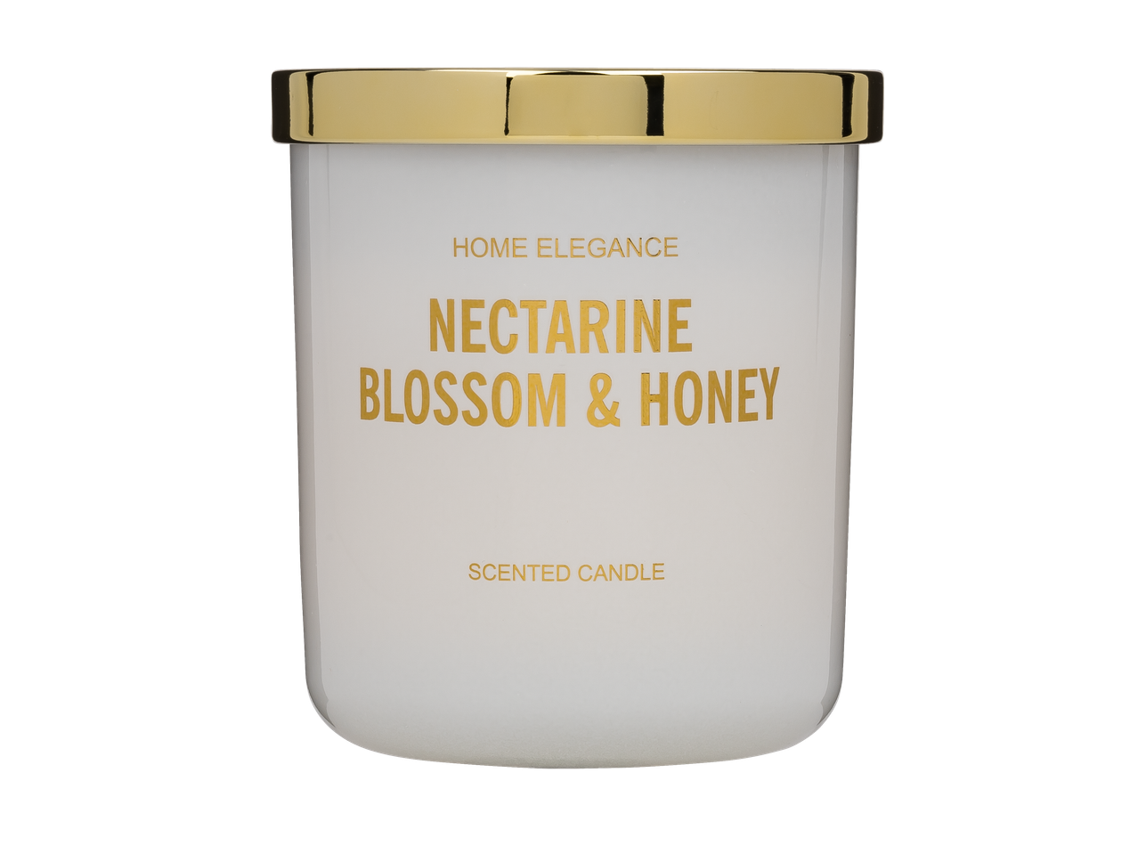 Balta Livarno Home kvapioji žvakė „Nectarine Blossom & Honey“ su auksiniu dangteliu.