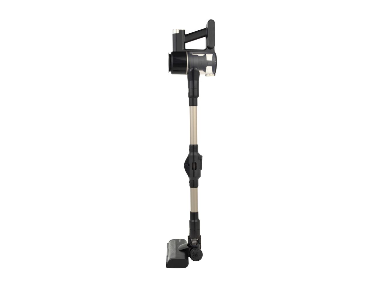 A black and silver cordless stick vacuum cleaner stands upright.