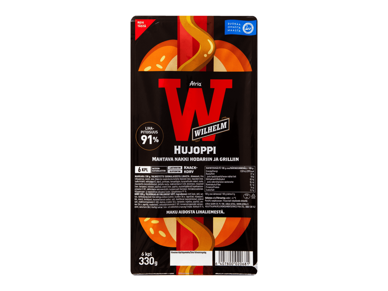 Pakkaus makkaroita hot dogiin ja grilliin, lihapitoisuus 91%, 6 kpl, 330g.