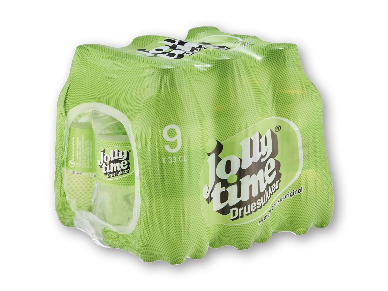 En pakke med ni Jolly Time Druesukker-sodavand i grøn indpakning.