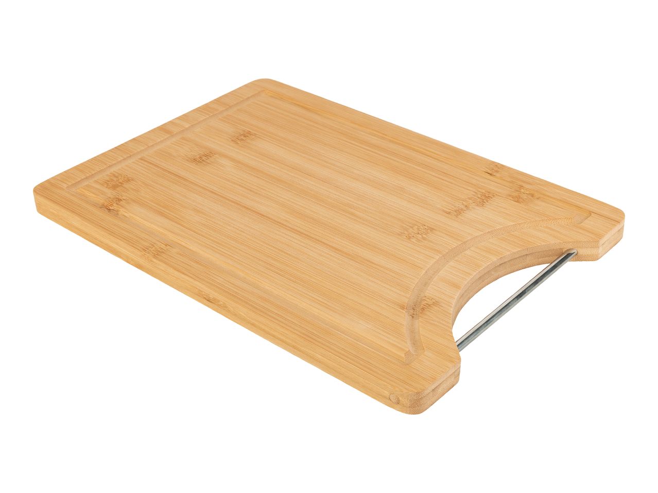 A rectangular bamboo cutting board with a cutout handle.
