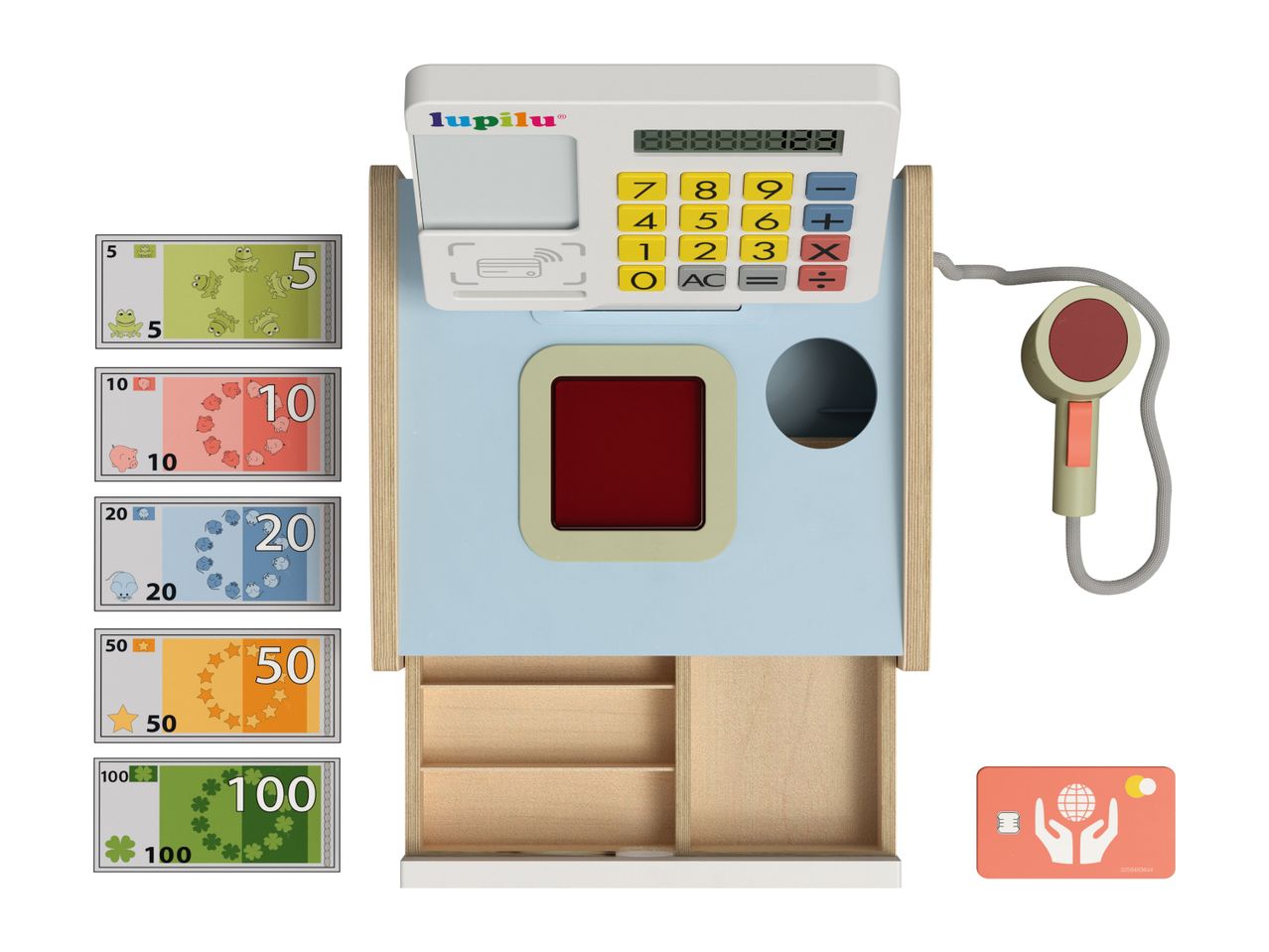 Toy cash register with play money featuring animals, a scanner, and a credit card.