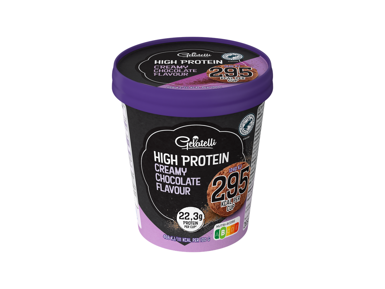 Gelatelli high-protein roomijs, smaak chocolade.