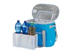 A blue Igloo backpack cooler with attached bottle holder.