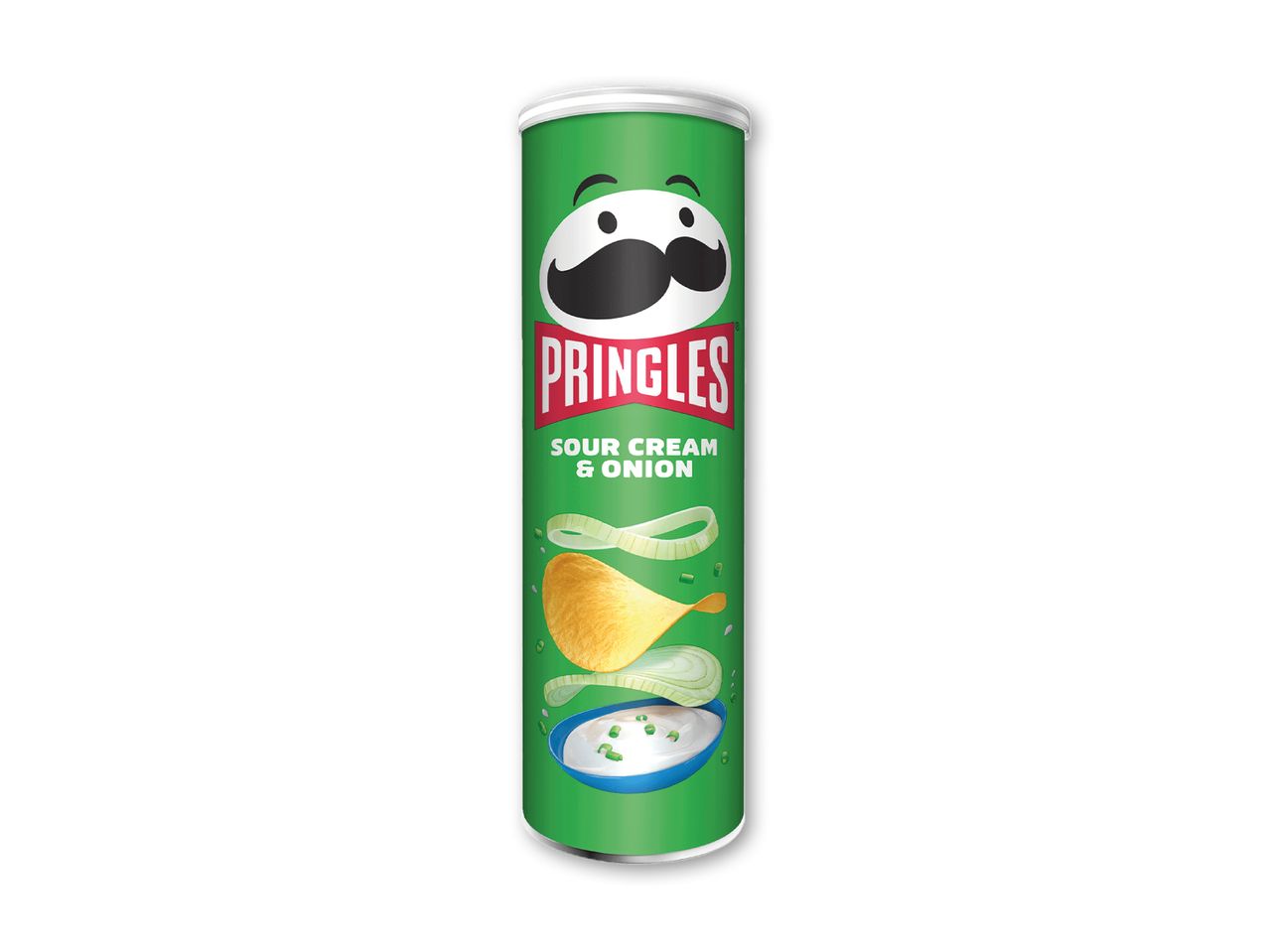 En dåse Pringles Sour Cream & Onion chips.