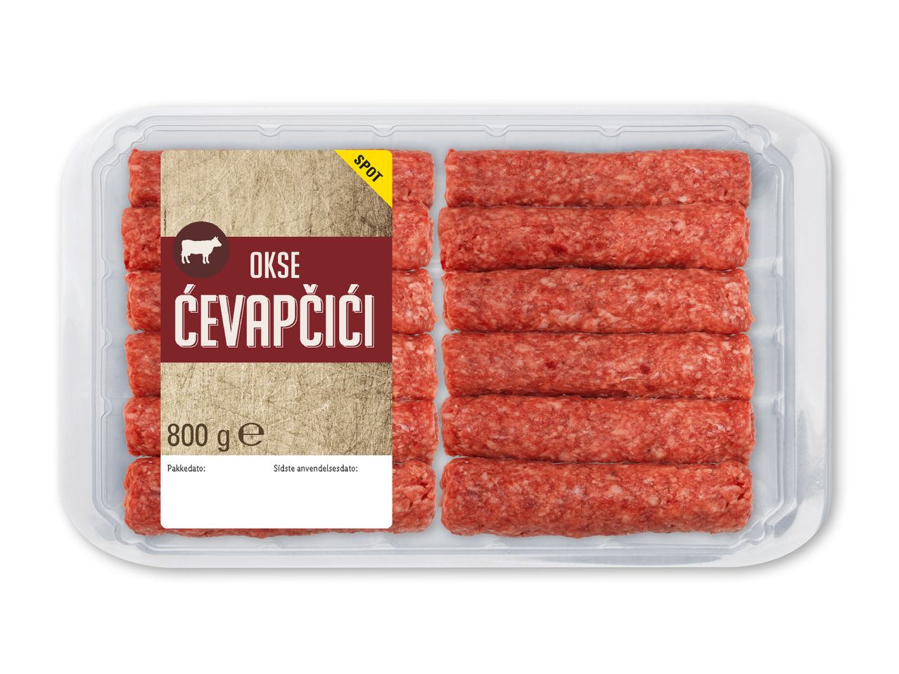 Pakke med oksekødscévapčiči, 800g, med en brun etiket.