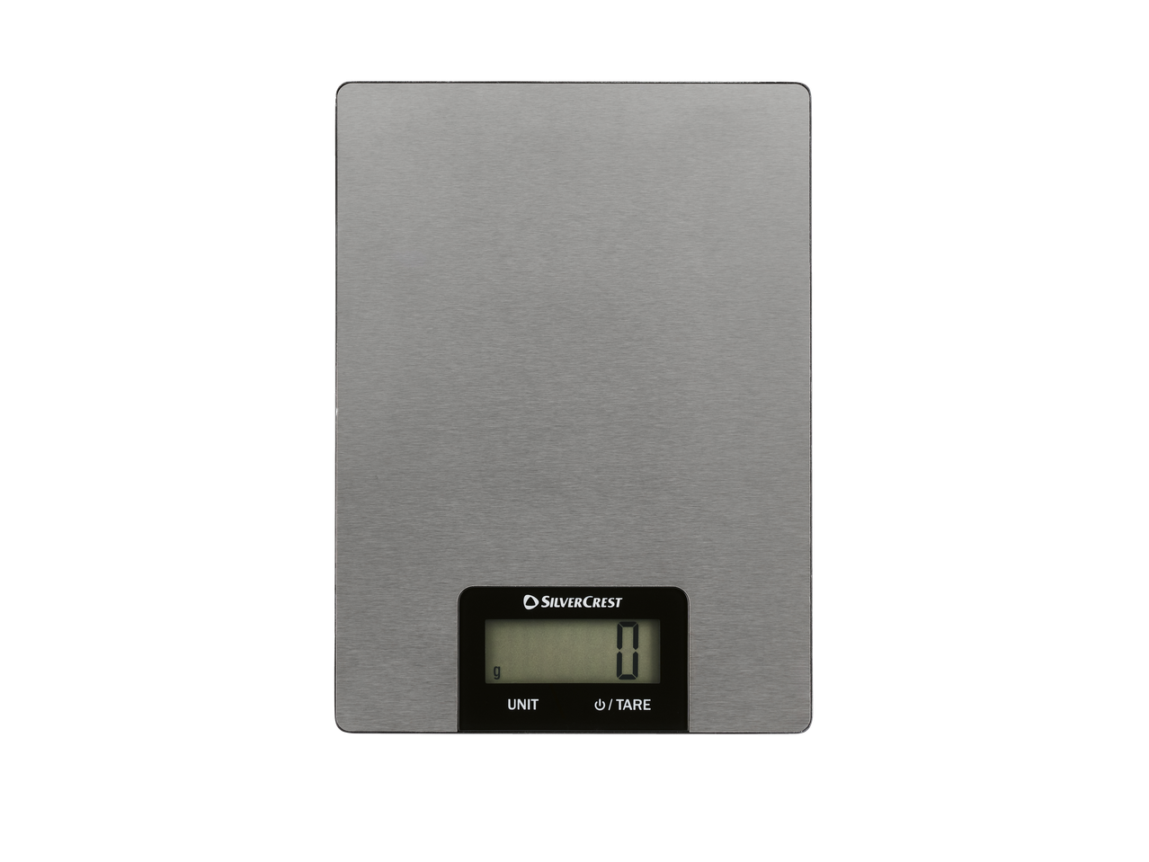 A silver kitchen scale with a digital display showing '0 g' and buttons for 'UNIT' and 'U/TARE'.