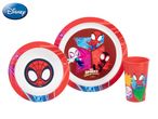Disney Spider-Man kids' 3-piece melamine dinner set: plate, bowl, and cup.