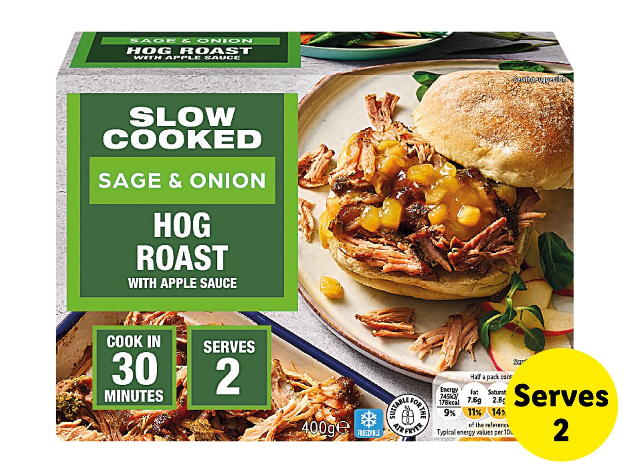 Slow-cooked sage and onion hog roast with apple sauce, serves 2, cooks in 30 minutes.