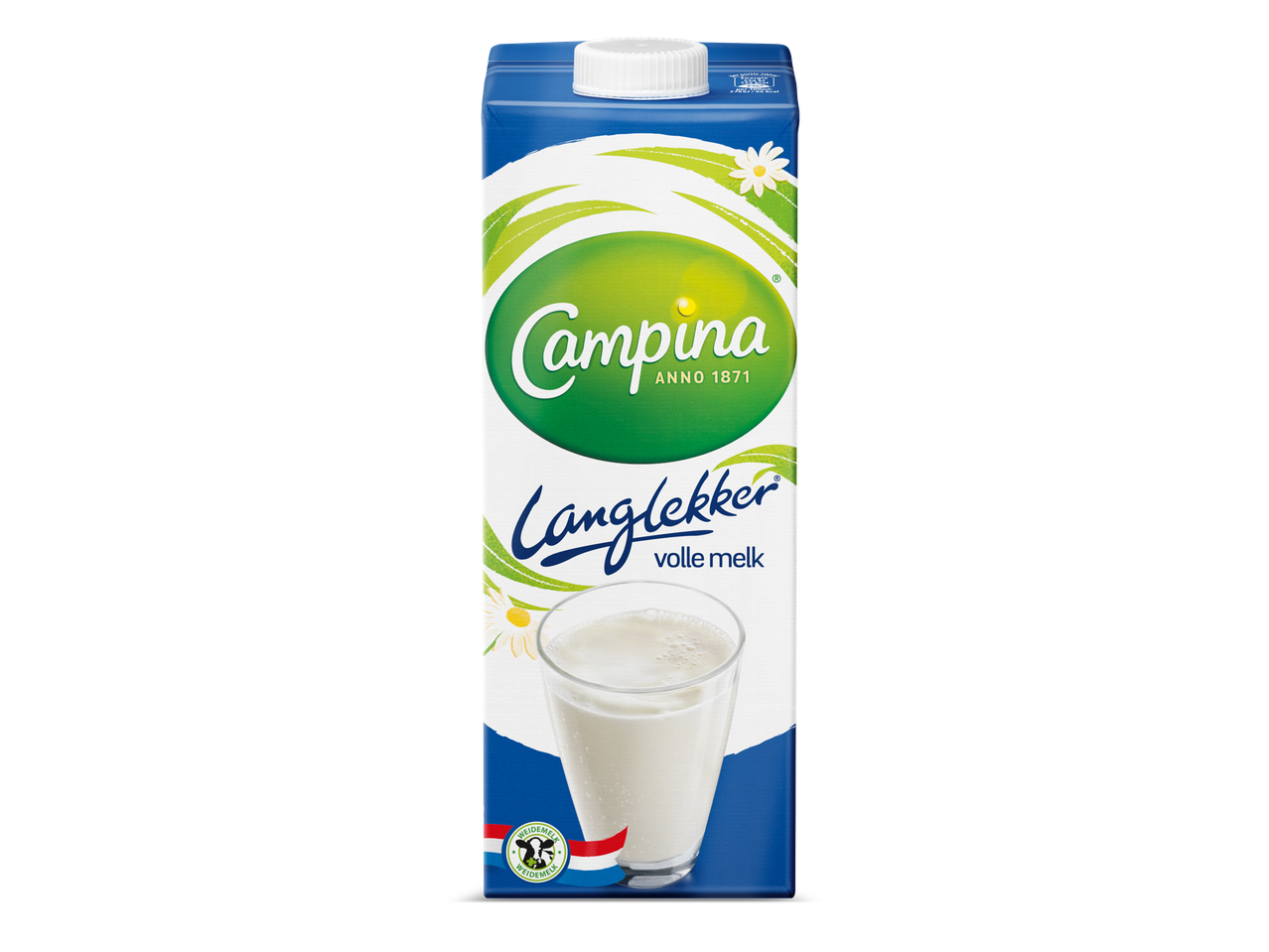 Een pak volle melk met een glas melk en bloemen op een witte en blauwe achtergrond.
