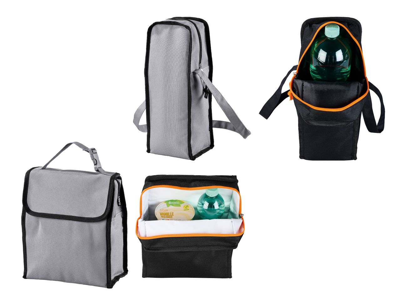 Graue und schwarze Kühltaschen, eine davon mit Sojajoghurt und Wasserflasche gefüllt.