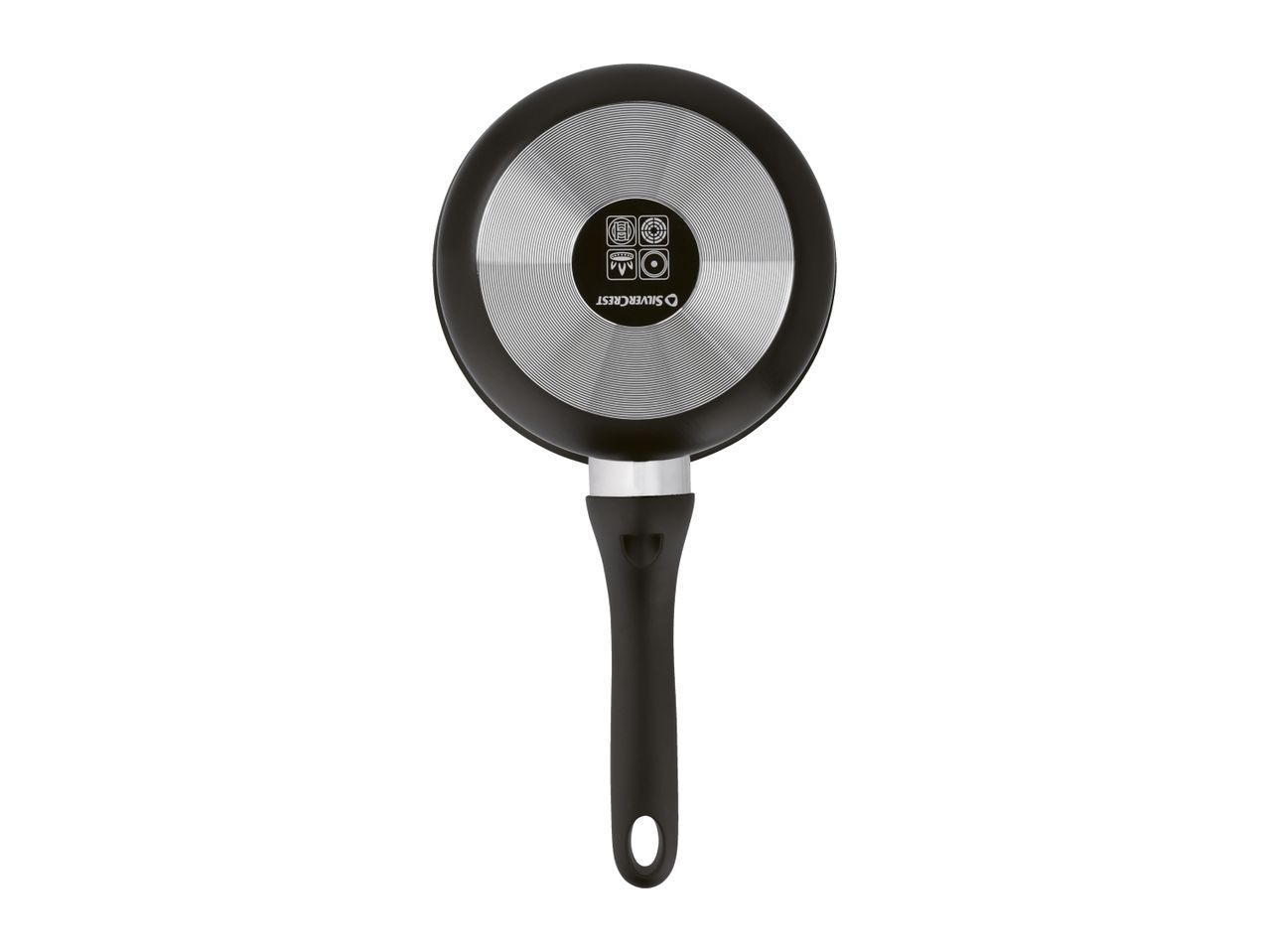 Silvercrest frying pan, bottom view, with induction hob compatibility symbols
