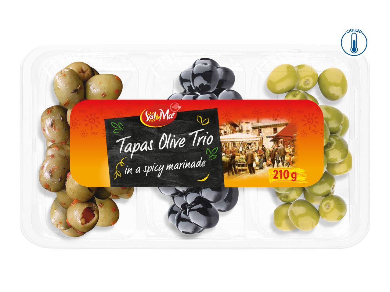 Tapas olive trio in a spicy marinade, with green and black olives, 210g, chilled.