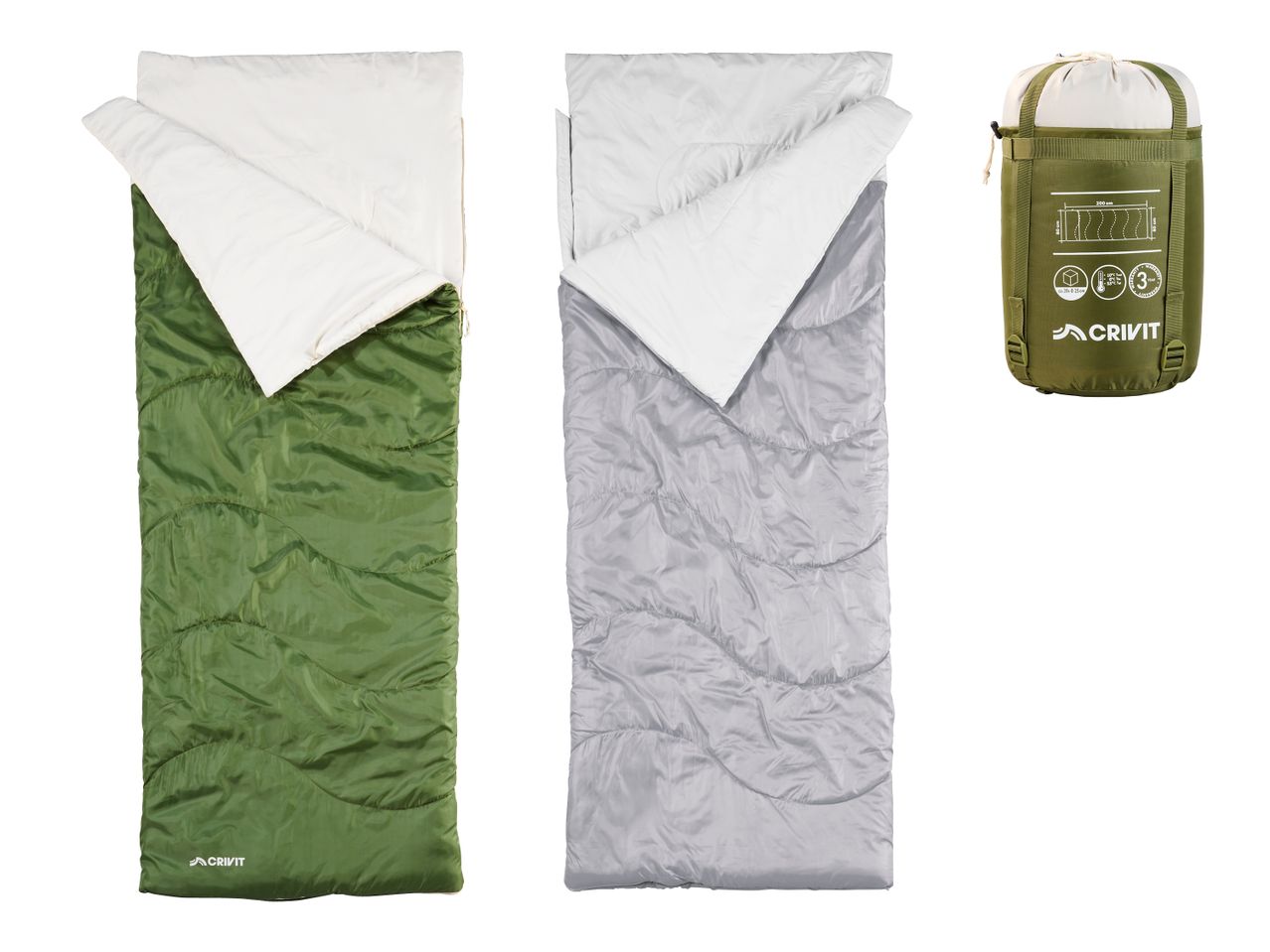 Zwei Schlafsäcke in Grün und Grau, zusammen mit einem verpackten Schlafsack.