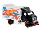 A black and white toy truck with red and blue racing stripes and text on the side.