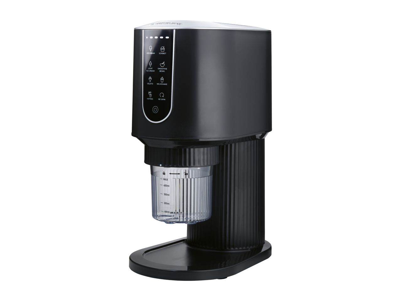 Black ice cream maker with a control panel for various frozen desserts like ice cream, sorbet, gelato, and milkshakes.