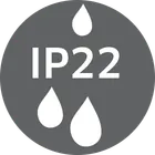 IP22 besorolás vízcsepp ikonokkal, amely szilárd tárgyak és csepegő víz elleni védelmet jelöl.