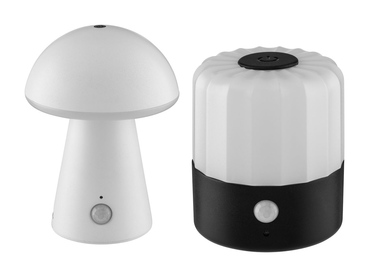 To hvide bevægelsessensorlamper, en formet som en svamp og en cylindrisk med sort base.