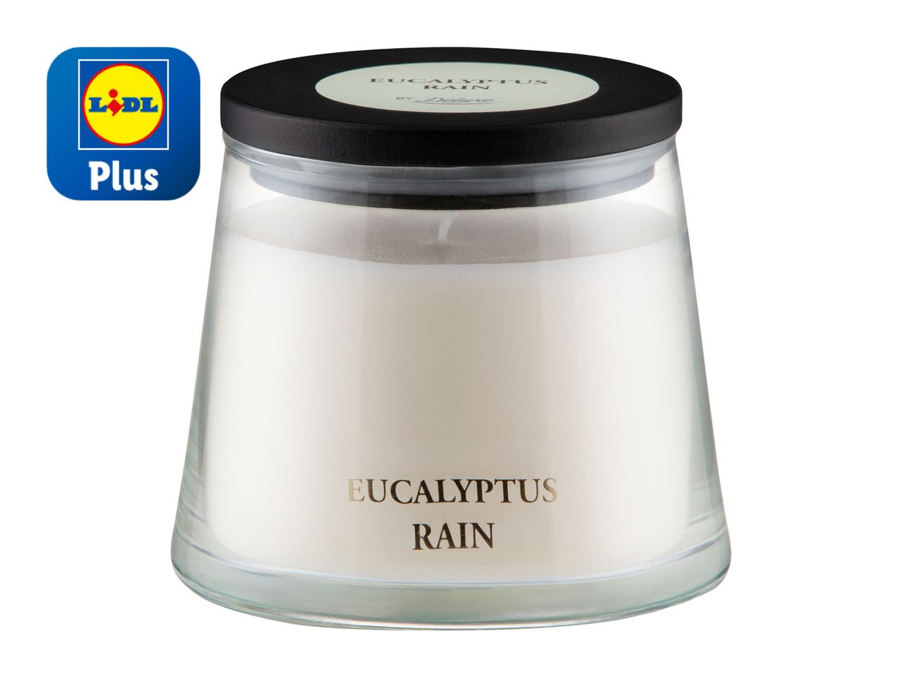 A Lidl Plan Eucalyptus Rain scented candle in a clear glass jar with a black lid.