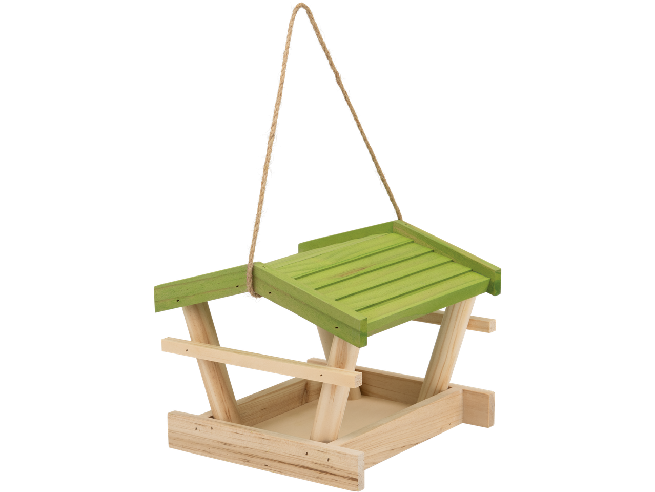 zoofari® Lindude söögimaja: Koka putnu barotava ar zaļu jumtu un pakarināšanas virvi.