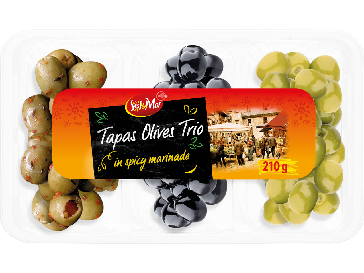 Bonduelle Tapas Oliv Trio: en förpackning med gröna, svarta och pimentos oliver.