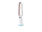 Termoventilatore bianco senza pale con display digitale e luce blu alla base