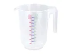 Clear plastic measuring jug with red, blue, and green markings for flour, sugar, and liquids.