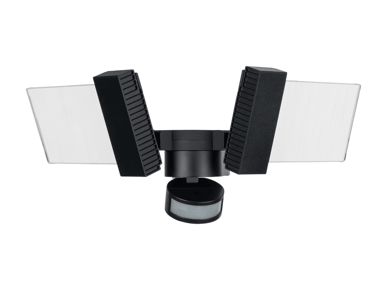 Projecteur LED noir avec détecteur de mouvement et deux panneaux lumineux réglables.