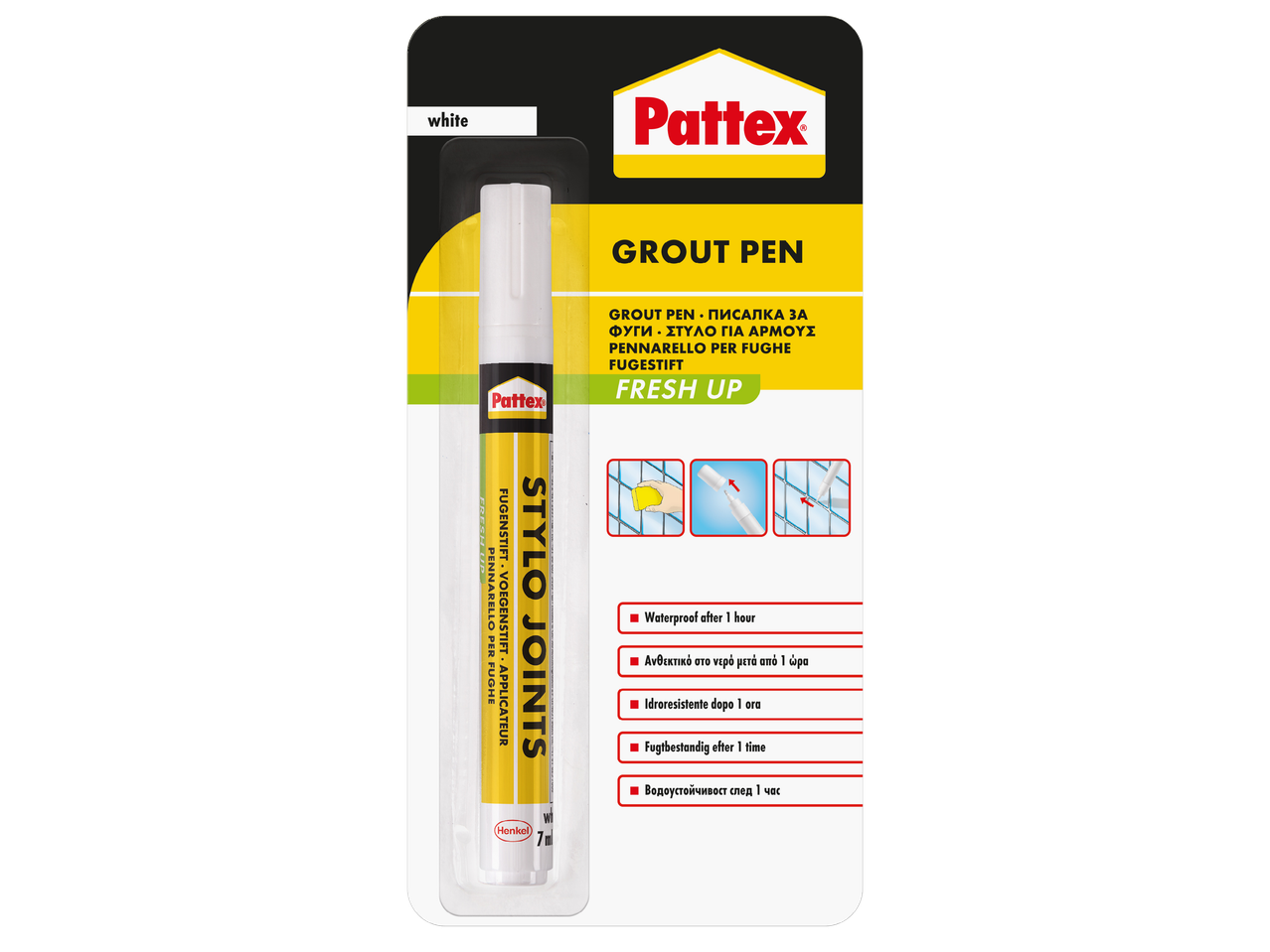 Бяла писалка за фуги с надпис „Grout Pen Fresh Up“ и информация за водоустойчивост.