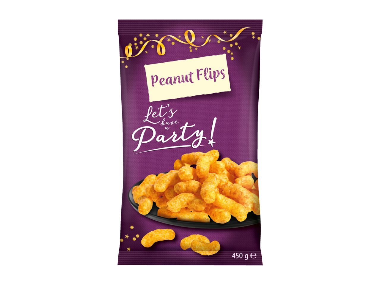Peanut Flips snack bag with a 'Let's have a Party!' theme, showing peanut puffs on a plate.