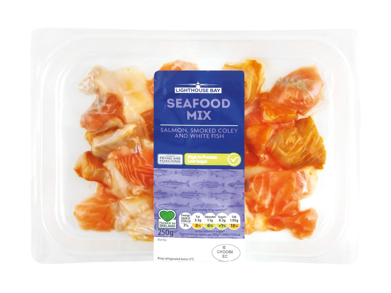 Packaged seafood mix with salmon, smoked coley, and white fish, labeled as high in protein and low in sugar.
