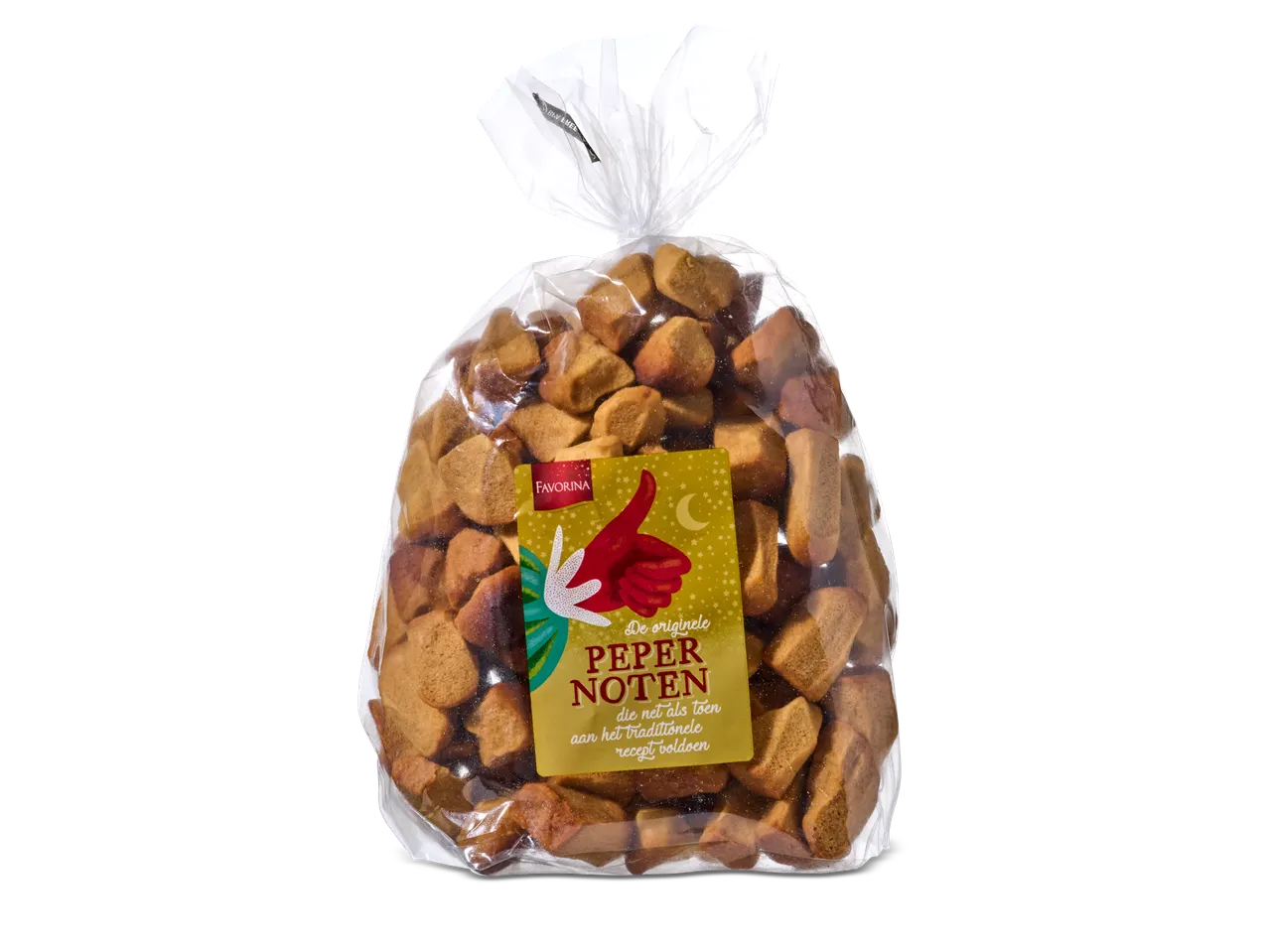 FAVORINA Pepernoten in een doorzichtige plastic zak met een geel etiket.