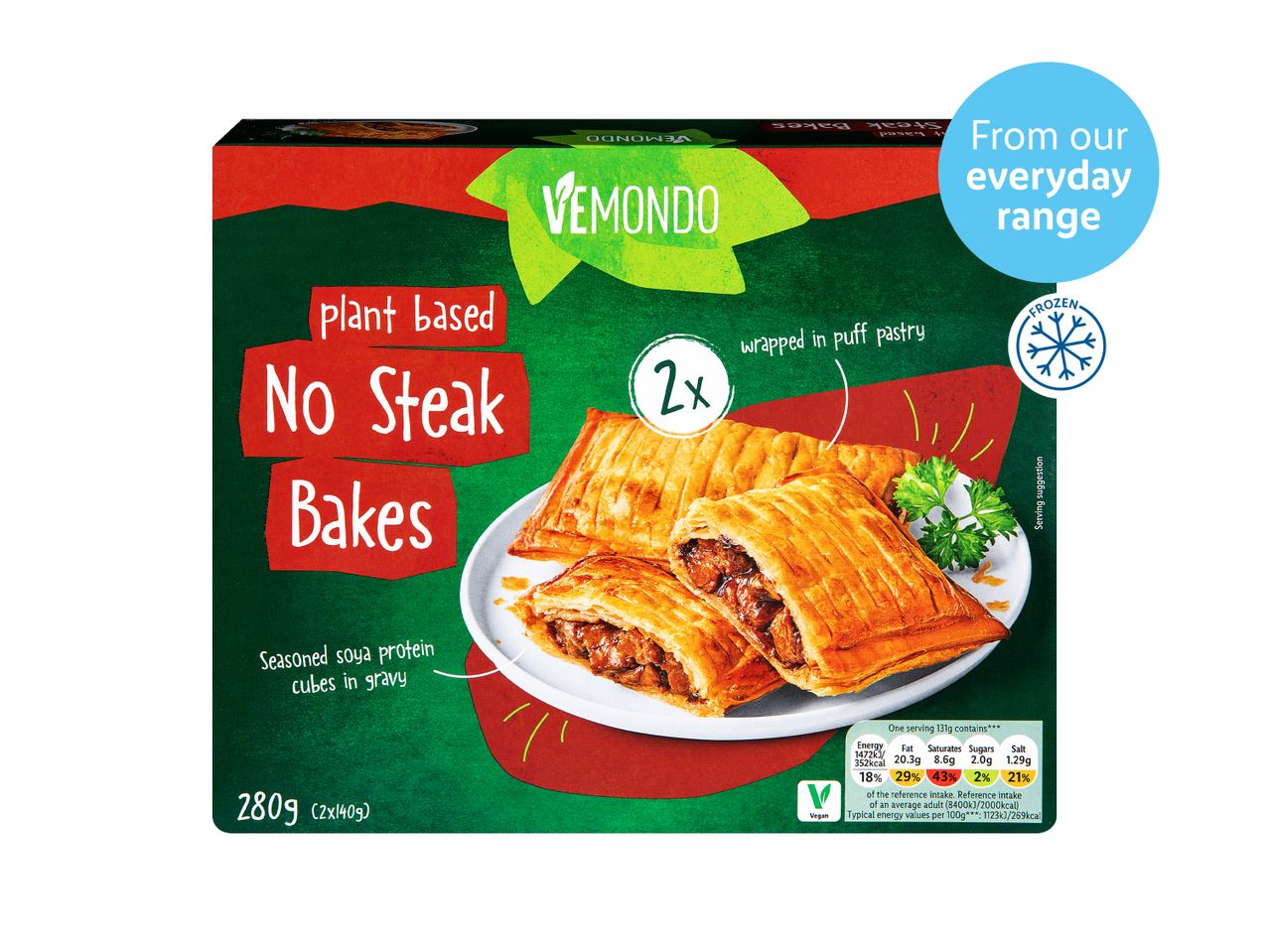 Vemmendo No Steak Bakes: 2 frozen plant-based beef-flavour pastries.