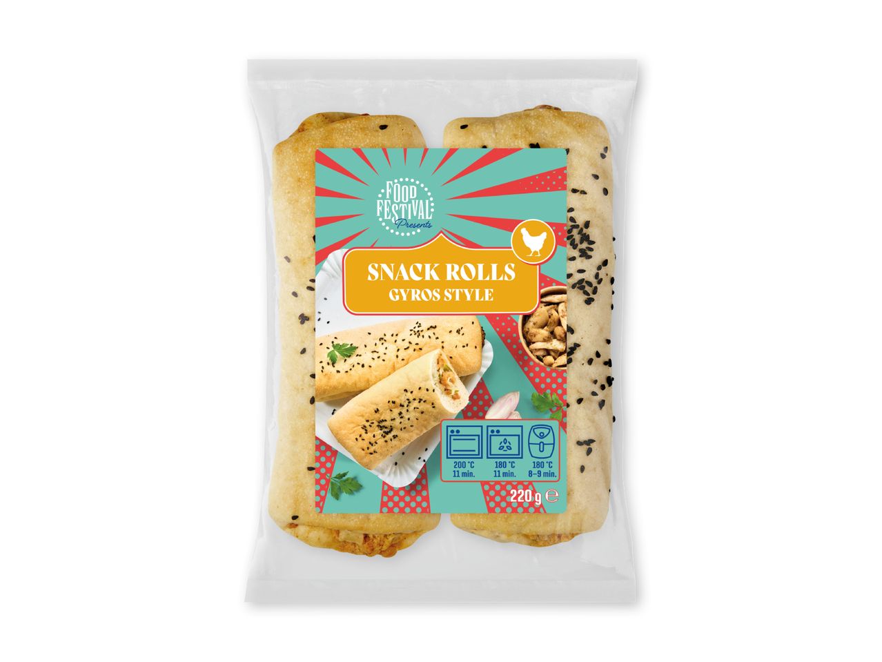 Pakke med gyros-inspirerede snackruller med sesamfrø, klar til ovn eller airfryer, 220g.