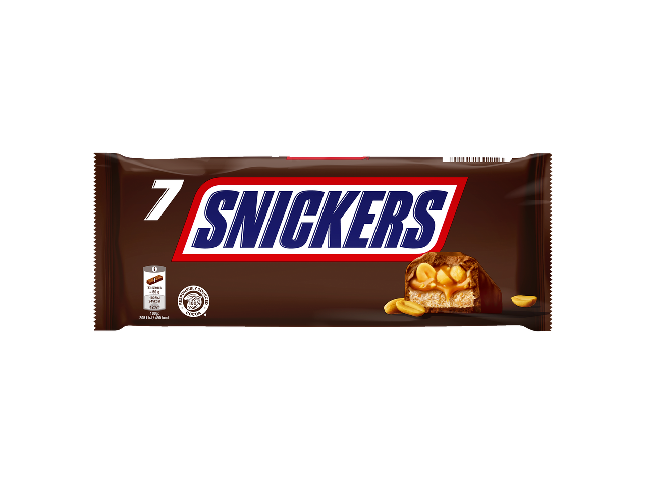 Snickers chocoladereep met pinda's en karamel, met een dwarsdoorsnede.