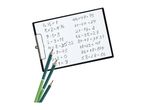 A clipboard with handwritten math problems and three green pencils.