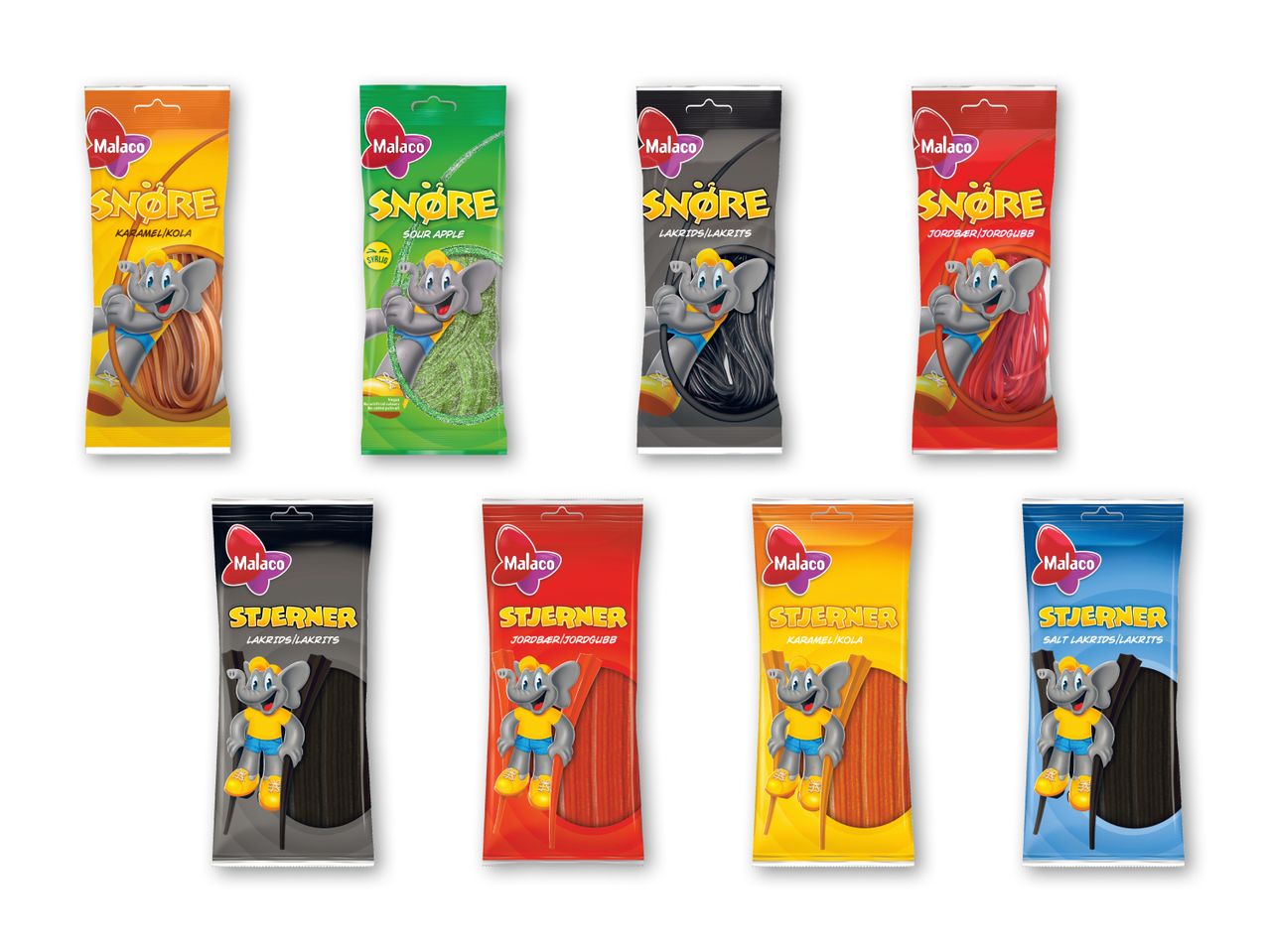 Otte poser slik: fire med 'SNØRE' i karamel, surt æble, lakrids og jordbær, og fire med 'STJERNER' i lakrids, jordbær, karamel og saltlakrids.