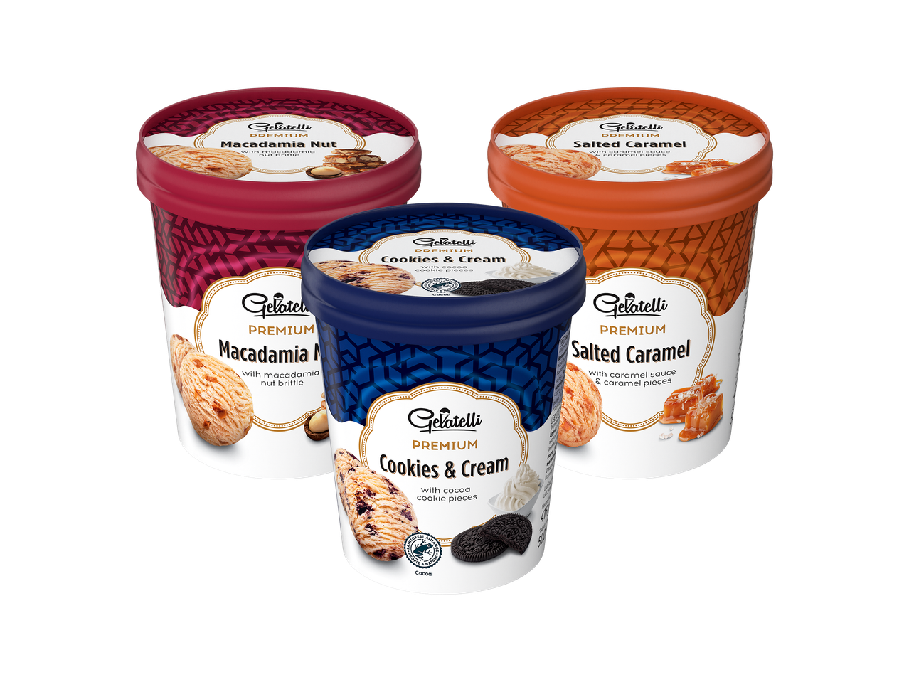 Kolme jäätelöpakkausta: makadamiapähkinä, cookies & cream ja suolainen kinuski.