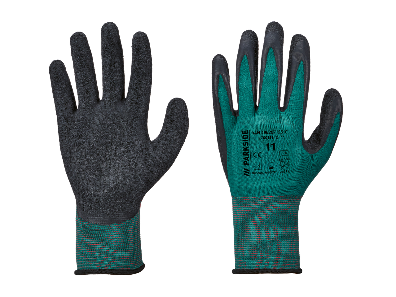 Luvas de trabalho Parkside®, pretas e verde-azulado, com aderência texturizada e etiqueta tamanho 11.