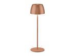 Modern copper-colored LED table lamp with a round base and shade