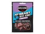 Paarse en blauwe verpakking van teriyaki beef jerky met de tekst '100% BEEF | HIGH PROTEIN'.